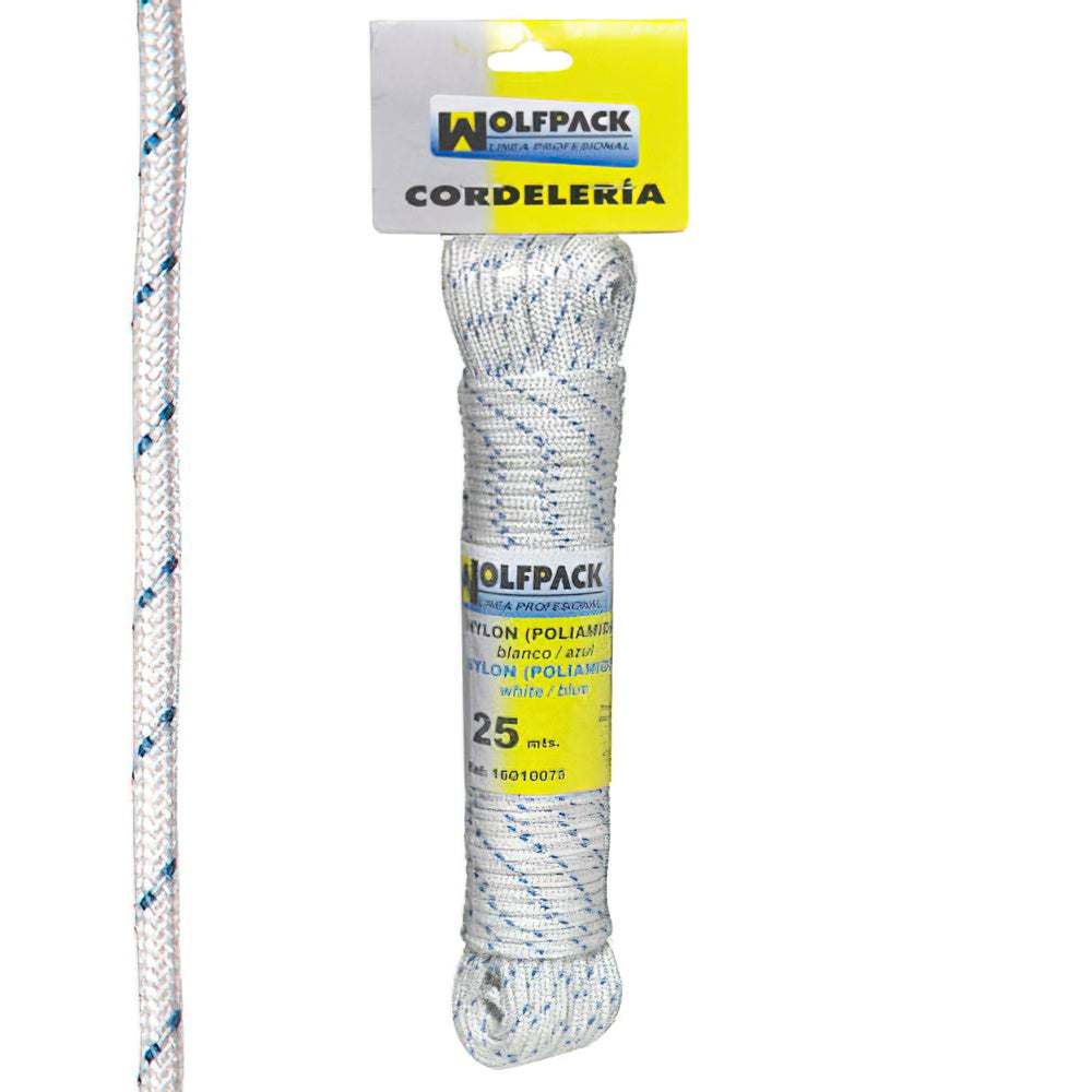 Cuerda nailon alta tenacidad blanca / azul (madeja 25 m.)