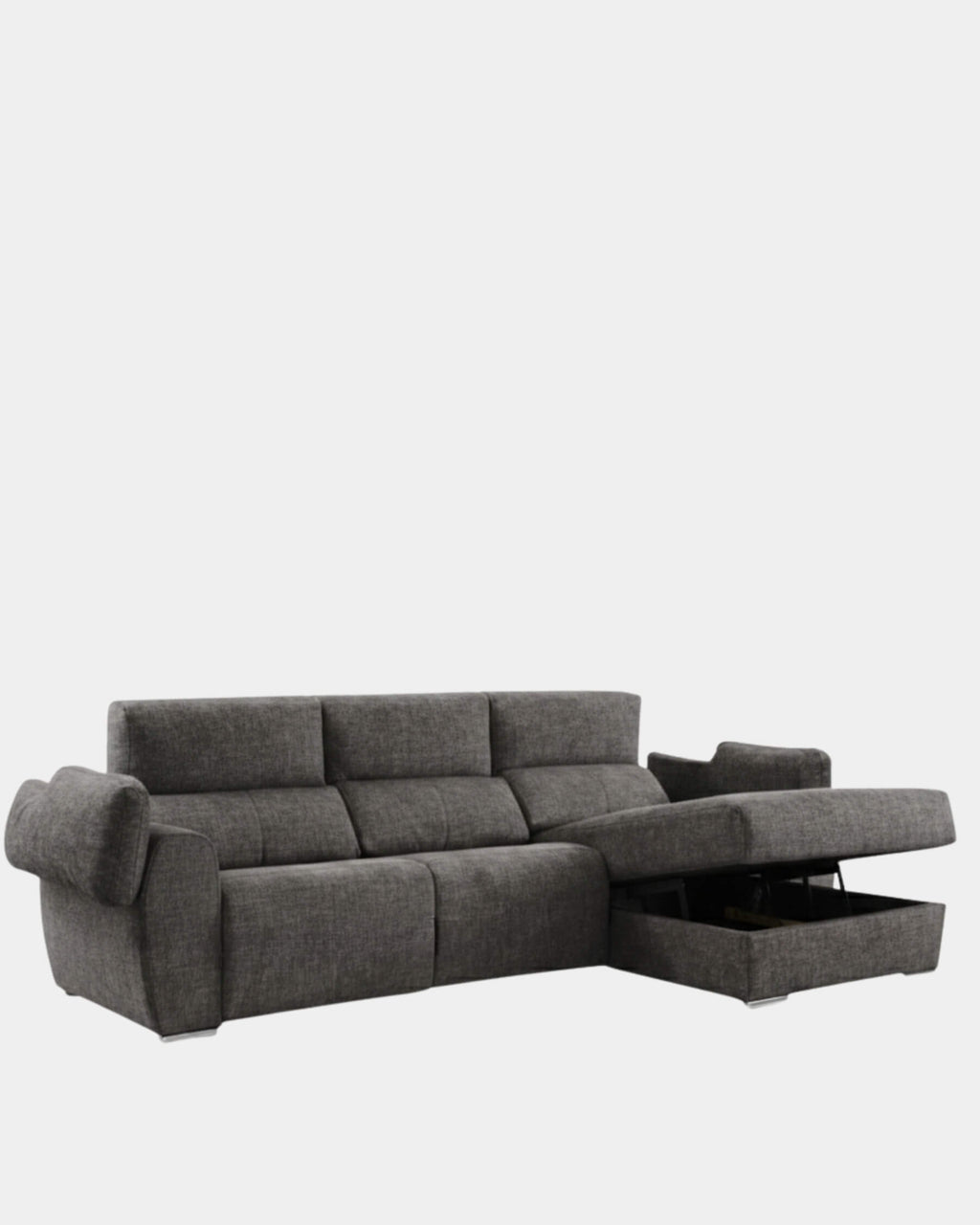 Chaise longue cinzenta com 3 lugares e assentos reclináveis.