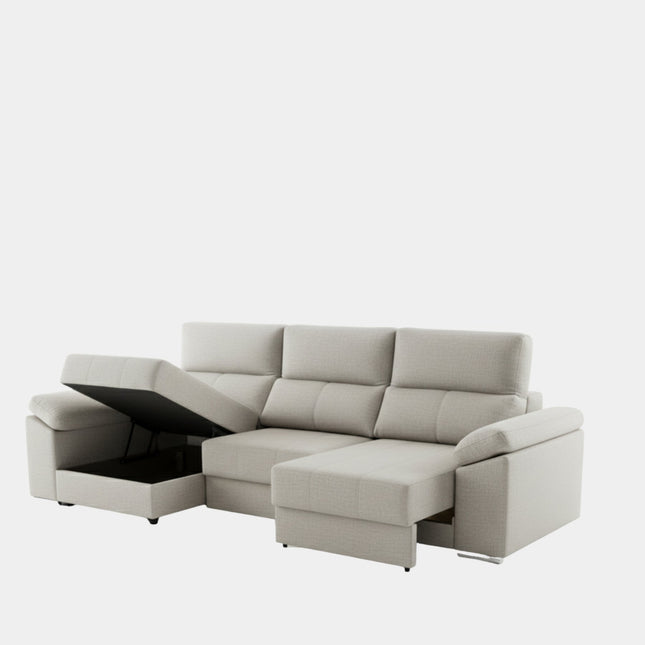 Sofá chaiselongue 3 plazas con tapizado textil | plata