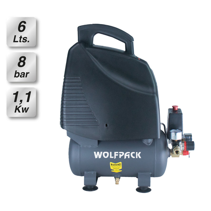 Compresor aire wolfpack 6 litros / 8 bares / 1,1 kw - 1,5 HP  sin aceite