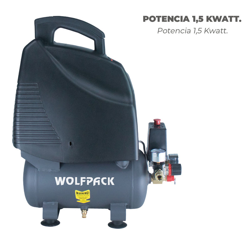 Compresor aire wolfpack 6 litros / 8 bares / 1,1 kw - 1,5 HP  sin aceite