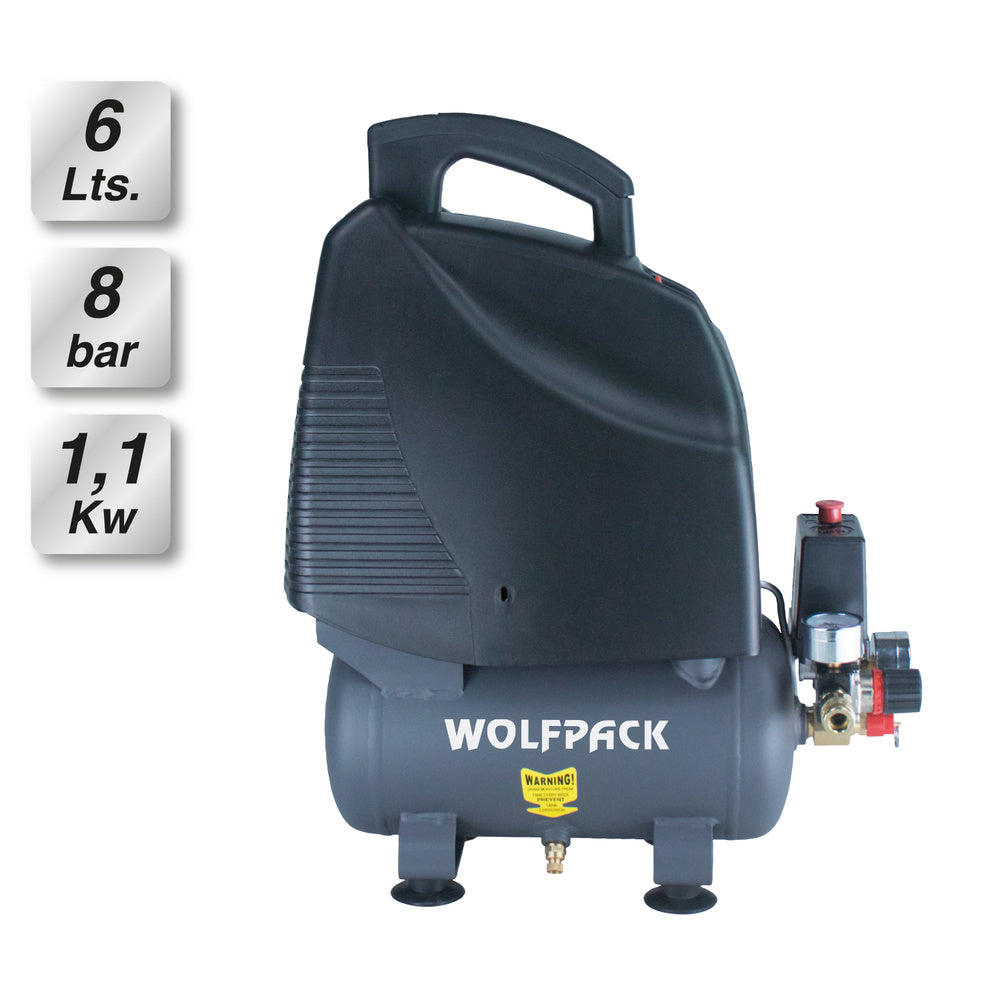 Compresor aire wolfpack 6 litros / 8 bares / 1,1 kw - 1,5 hp  sin aceite