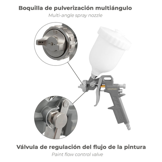 Pistola pintar neumática boquilla de 1,5 mm. con depósito superior 0,6 litros y  adaptador rápido