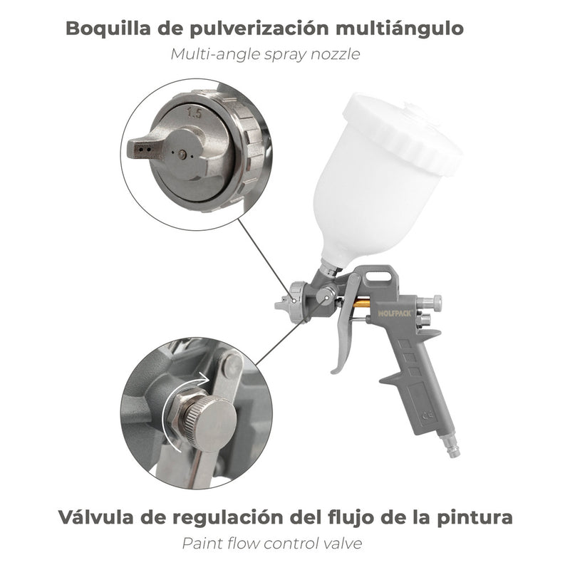 Pistola pintar neumática boquilla de 1,5 mm. con depósito superior 0,6 litros y  adaptador rápido