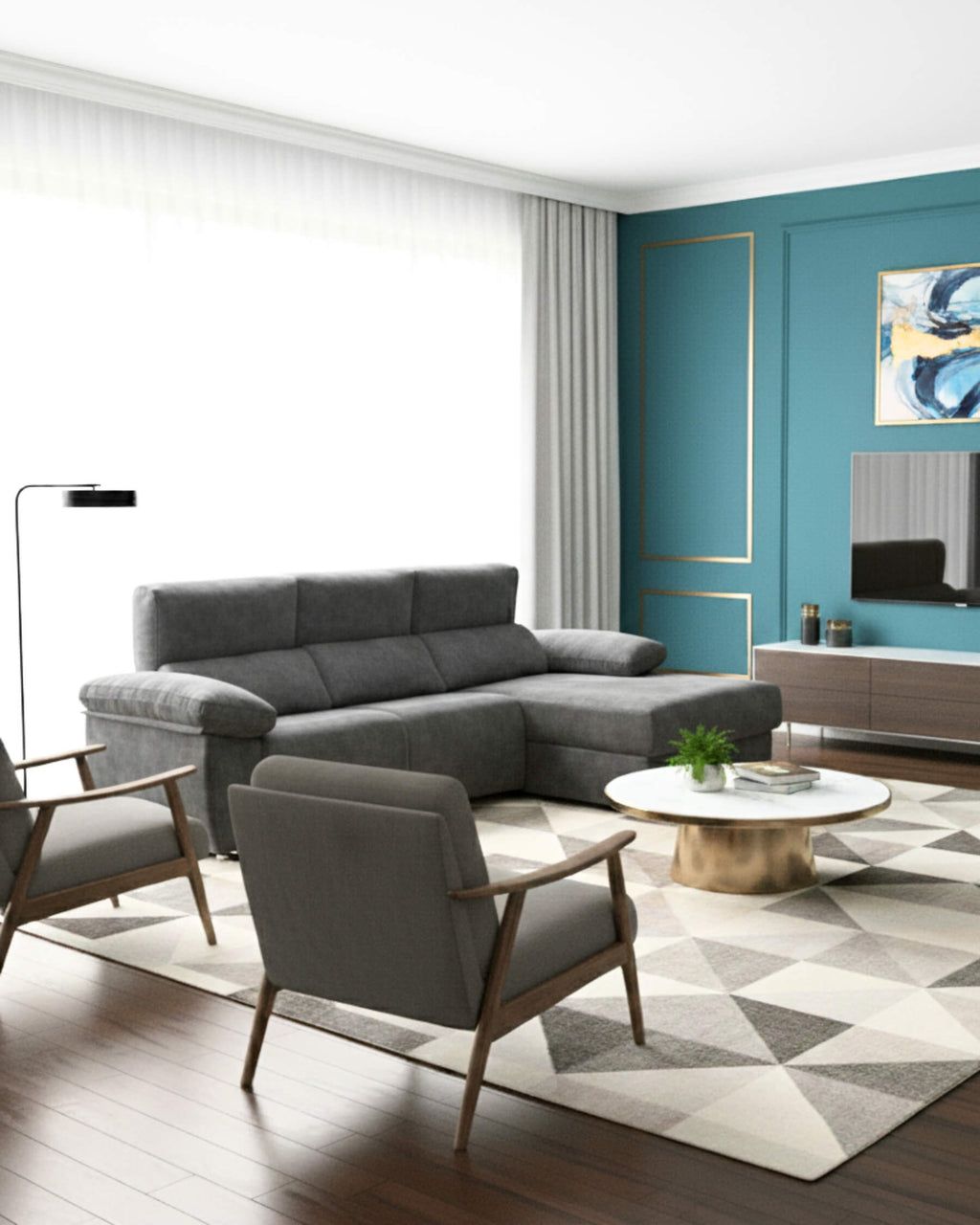 Sofá chaise longue cinzento com assentos reclináveis ​​motorizados
