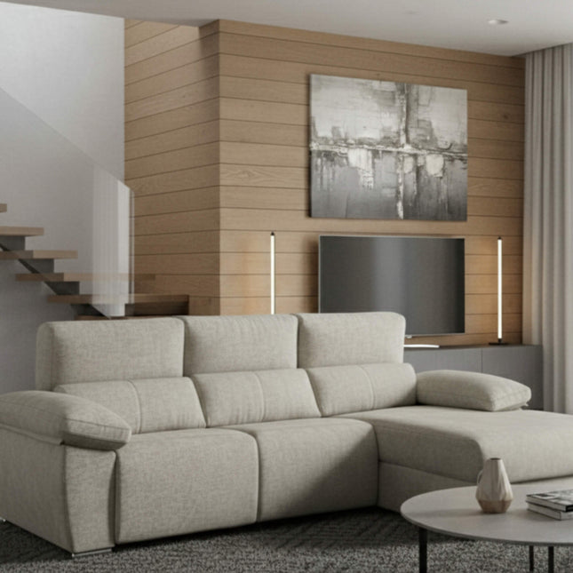 Sofá chaiselongue crudo 3 plazas con asientos motorizados