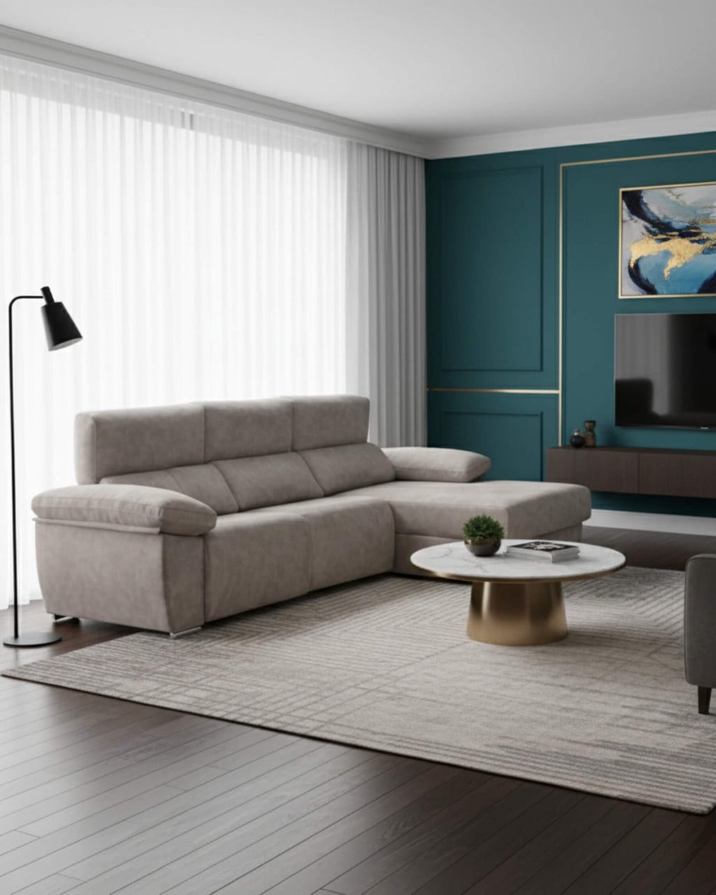Sofá chaiselongue gris visón | microfibra aterciopelada