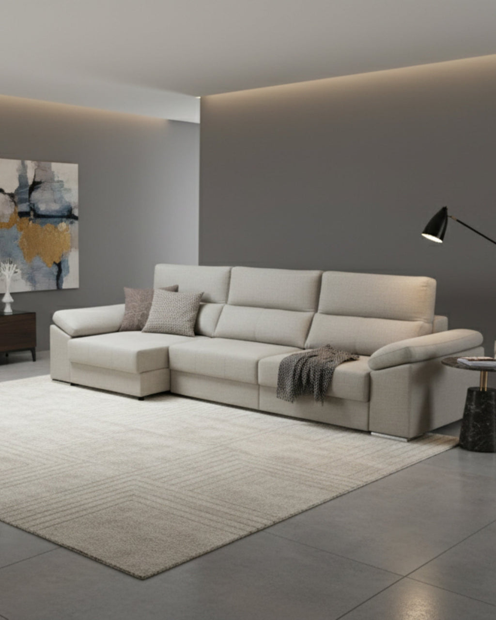Sofá chaiselongue 3 plazas con tapizado textil | plata