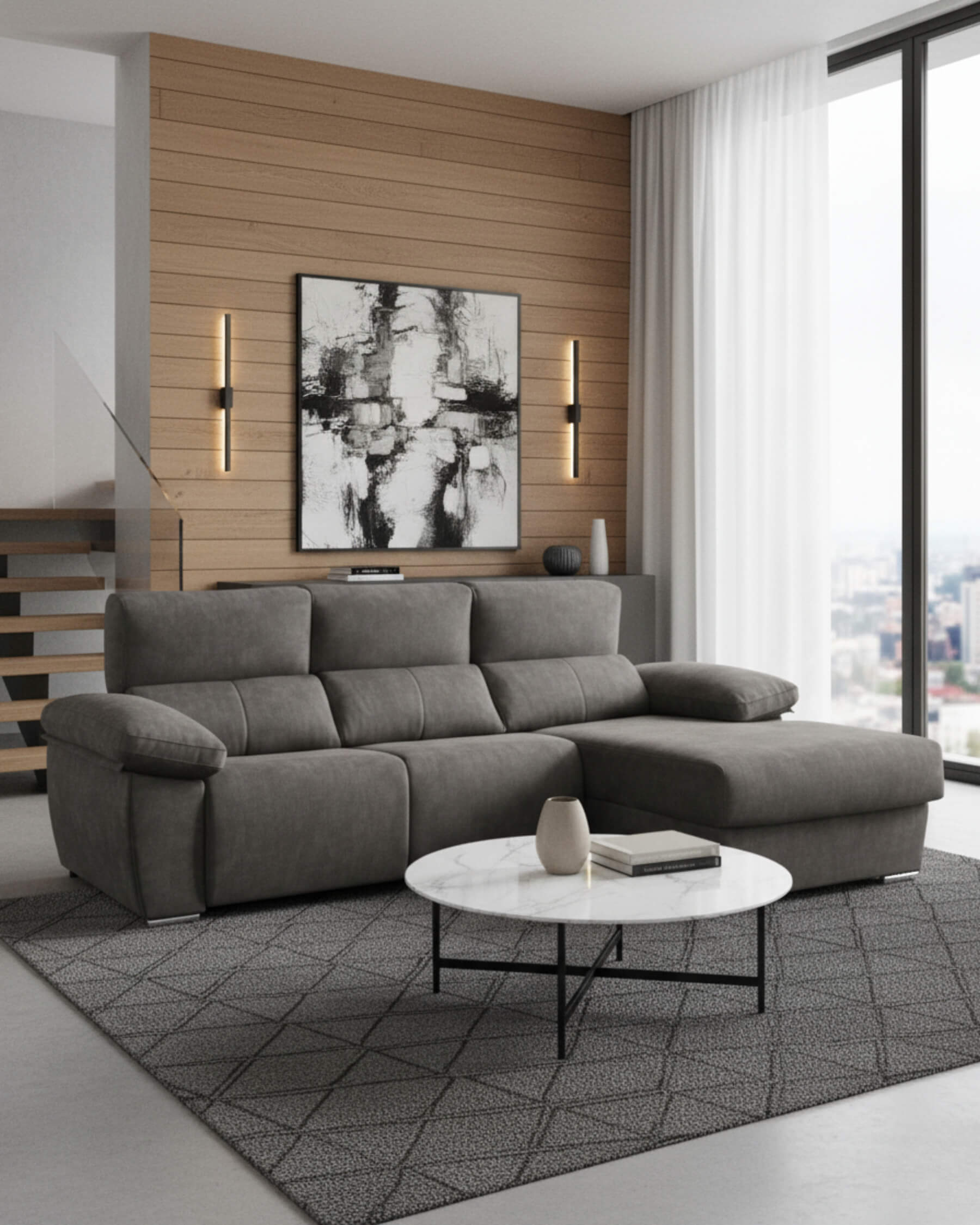 Sofá chaiselongue gris con 3 plazas y asientos relax
