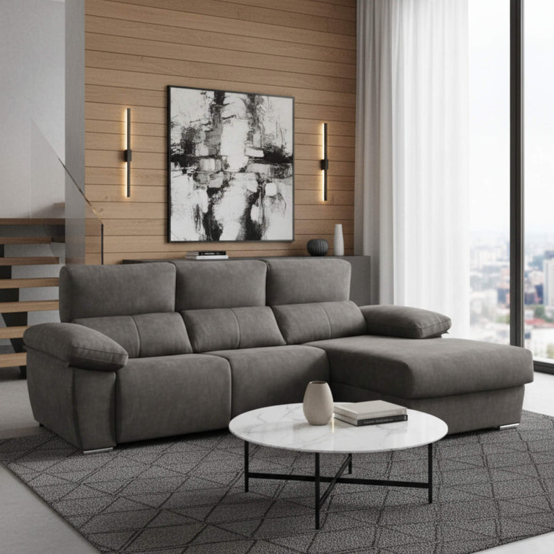 Sofá chaiselongue gris con 3 plazas y asientos relax