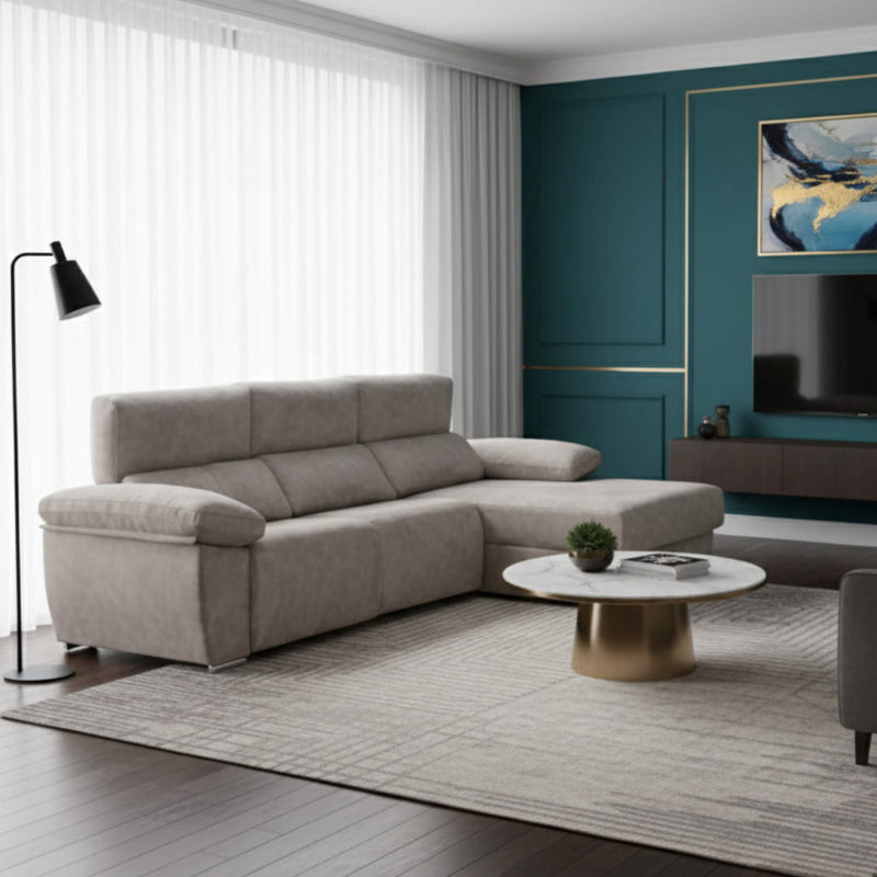 Sofá chaiselongue gris visón | microfibra aterciopelada