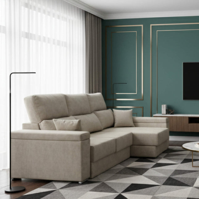 Sofá chaiselongue plata con apertura de arrastre extensible