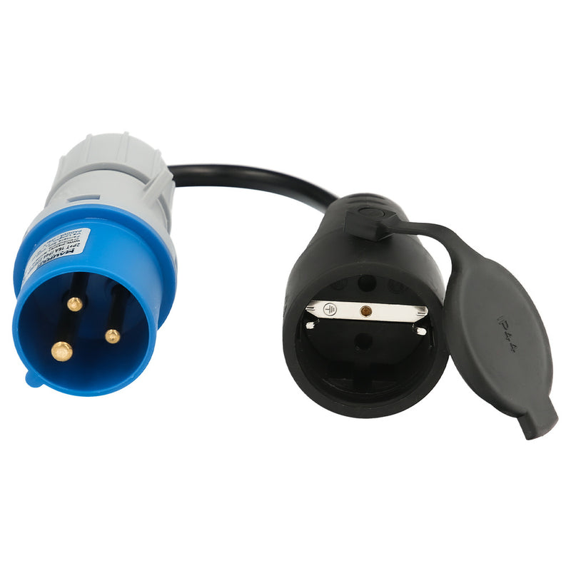 Adaptador de clavija CEE a schuko, 2 polos + tierra. max. 16A. 230V
