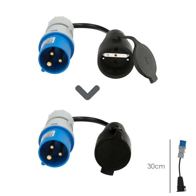 Adaptador de clavija CEE a schuko, 2 polos + tierra. max. 16A. 230V