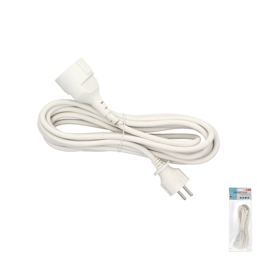 Prolongador cable electrico 5 metros. Alargadera 16 a. 3500 w. Conexión sucko 3 polos + tierra. Color blanco