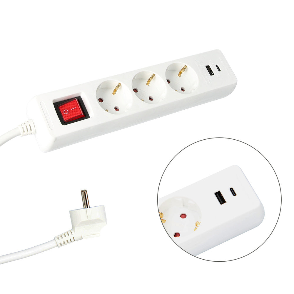 Base múltiple 3 tomas schucko y 2 tomas USB (a / c) con interruptor y toma de tierra