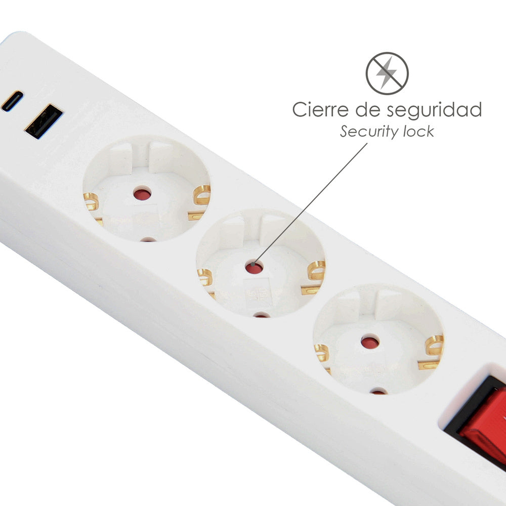 Base múltiple 3 tomas schucko y 2 tomas USB (a / c) con interruptor y toma de tierra
