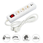 Base múltiple 3 tomas schucko y 2 tomas USB (a / c) con interruptor y toma de tierra