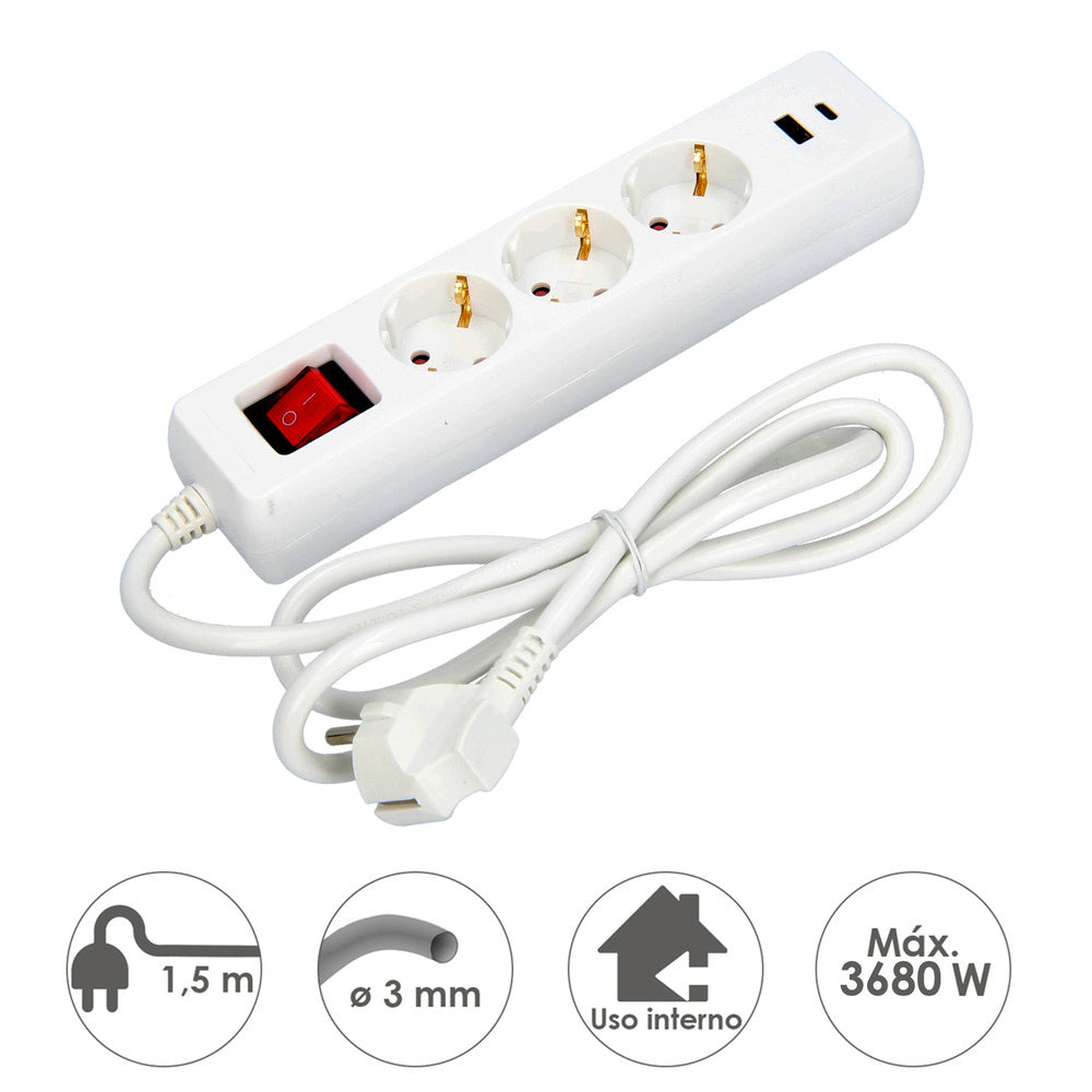 Base múltiple 3 tomas schucko y 2 tomas USB (a / c) con interruptor y toma de tierra
