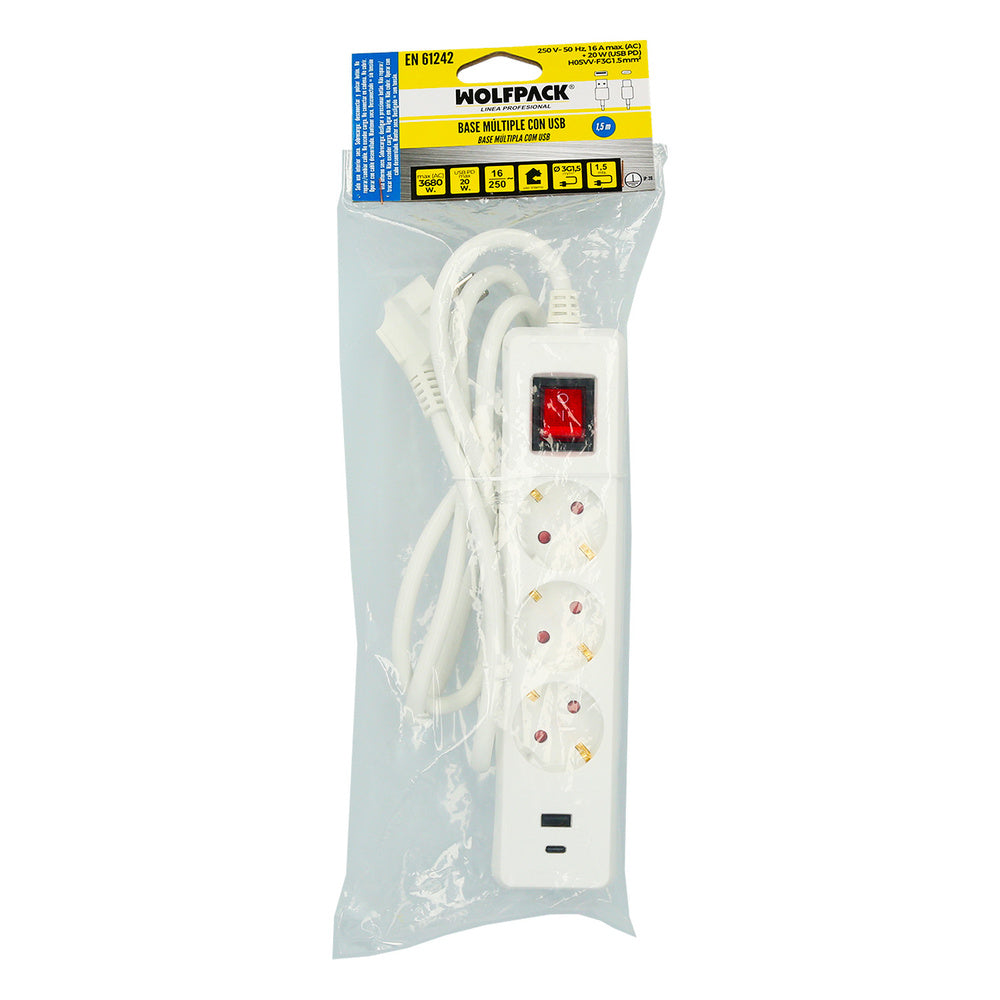 Base múltiple 3 tomas schucko y 2 tomas USB (a / c) con interruptor y toma de tierra