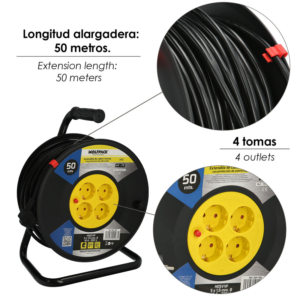 Extensible industrial 4 tomas 50 metros 3 x 1,5 mm con protección sobrecarga