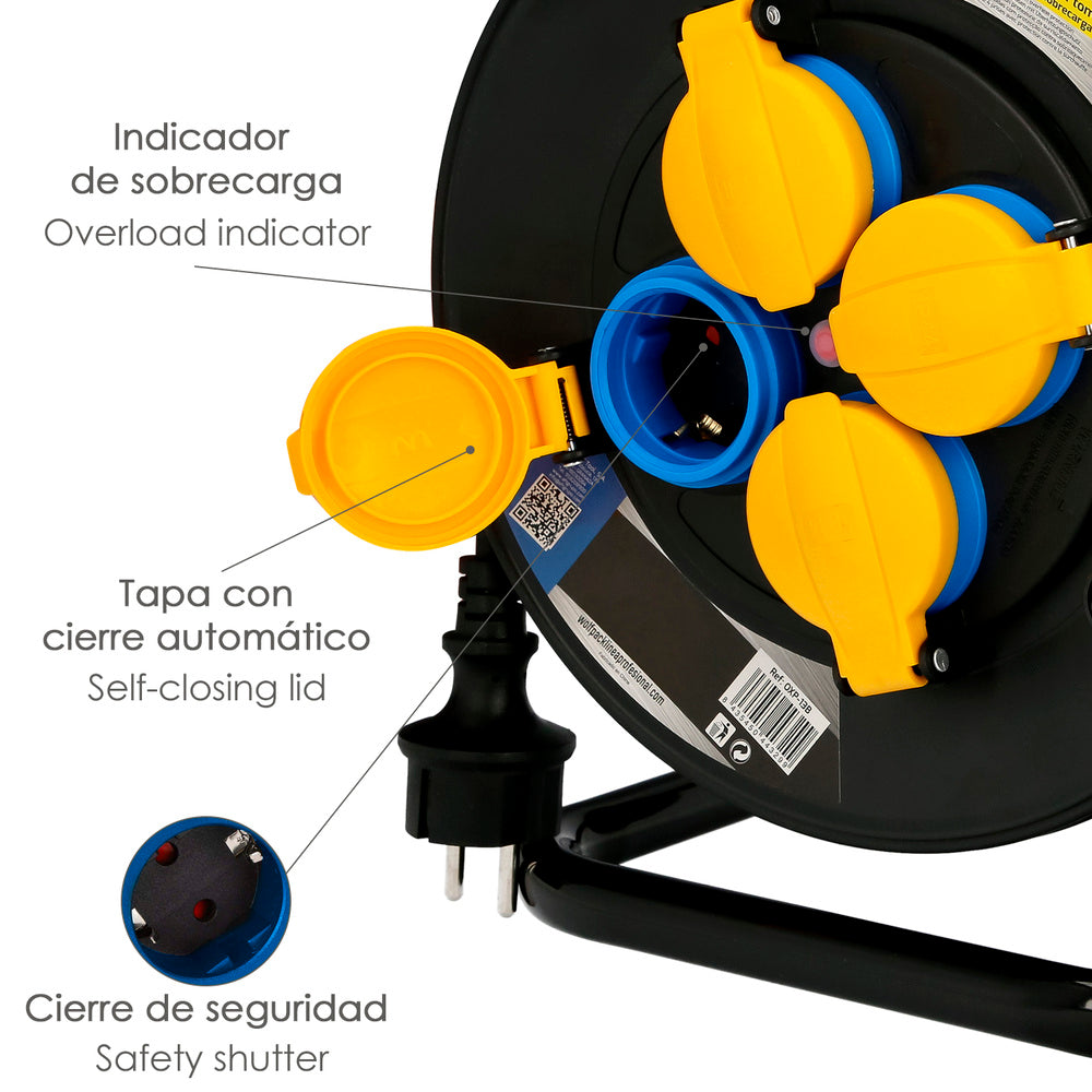 Extensible industrial 25 metros protección ip44 con tapas, extensible eléctrico, enrollacables, alargadera, cable extensible