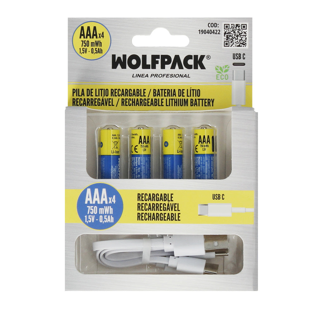 Rechargeable lithium "AAA" 1.5V USB-C battery (4 units)