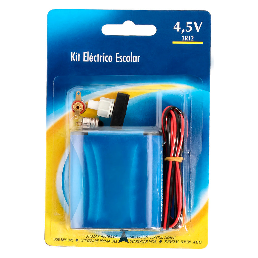 Kit eléctrico escolar, set para el colegio, pila petaca 4.5v, interruptor 220v, cable y bombilla.