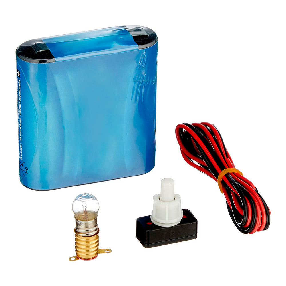 Kit eléctrico escolar, set para el colegio, pila petaca 4.5v, interruptor 220v, cable y bombilla.