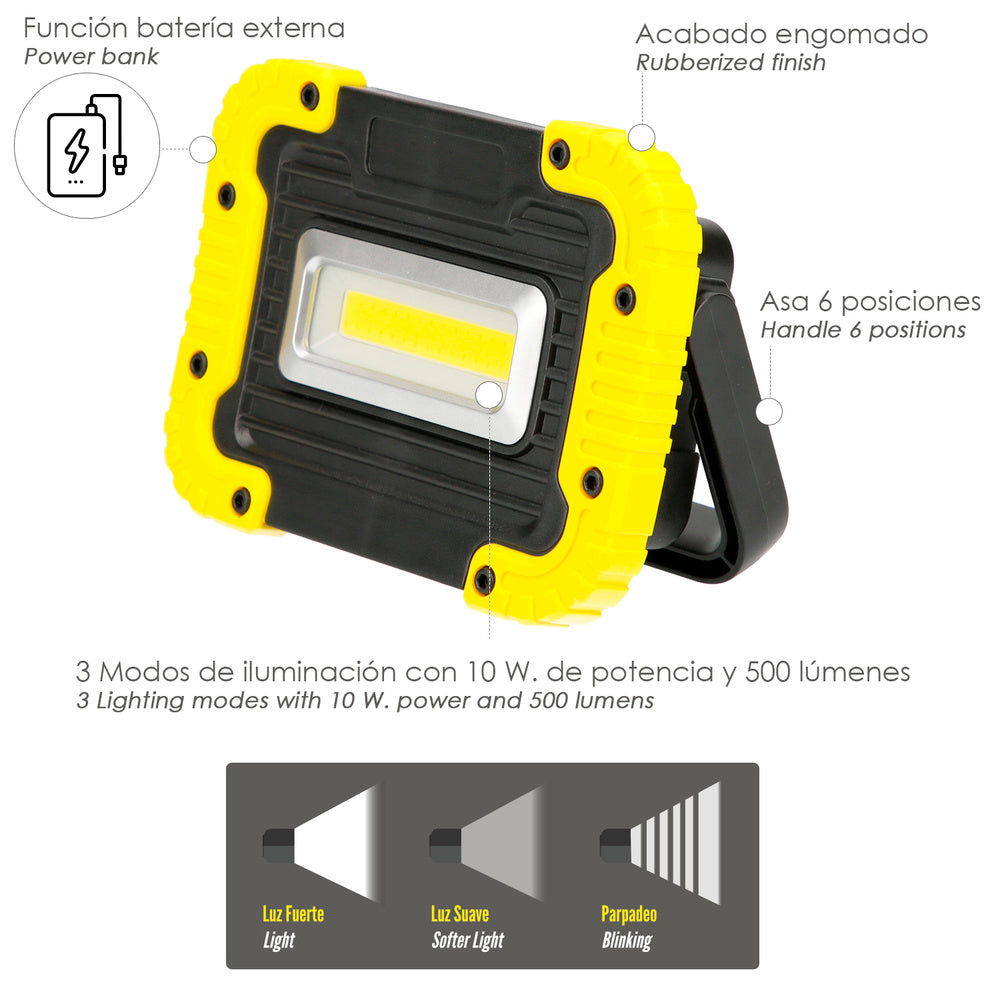 Lanterna de trabalho LED multifunções recarregável 2.000 mAh / 10 W / 500 lúmenes / 4 ímanes / Power Bank / Suporte 180º