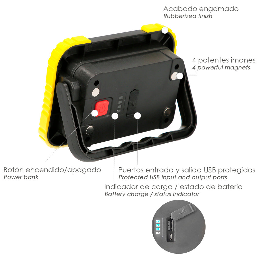 Lanterna de trabalho LED multifunções recarregável 2.000 mAh / 10 W / 500 lúmenes / 4 ímanes / Power Bank / Suporte 180º