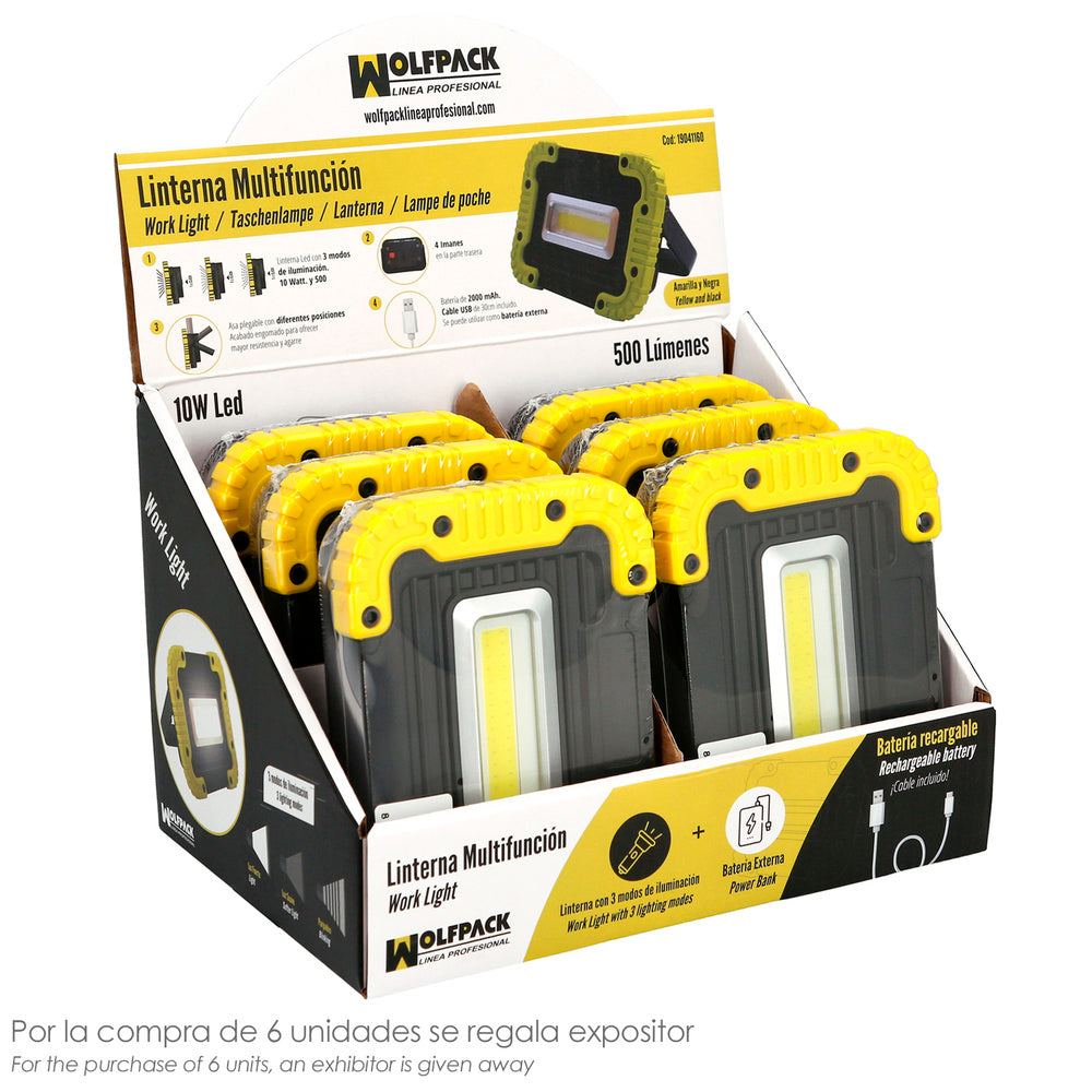 Lanterna de trabalho LED multifunções recarregável 2.000 mAh / 10 W / 500 lúmenes / 4 ímanes / Power Bank / Suporte 180º