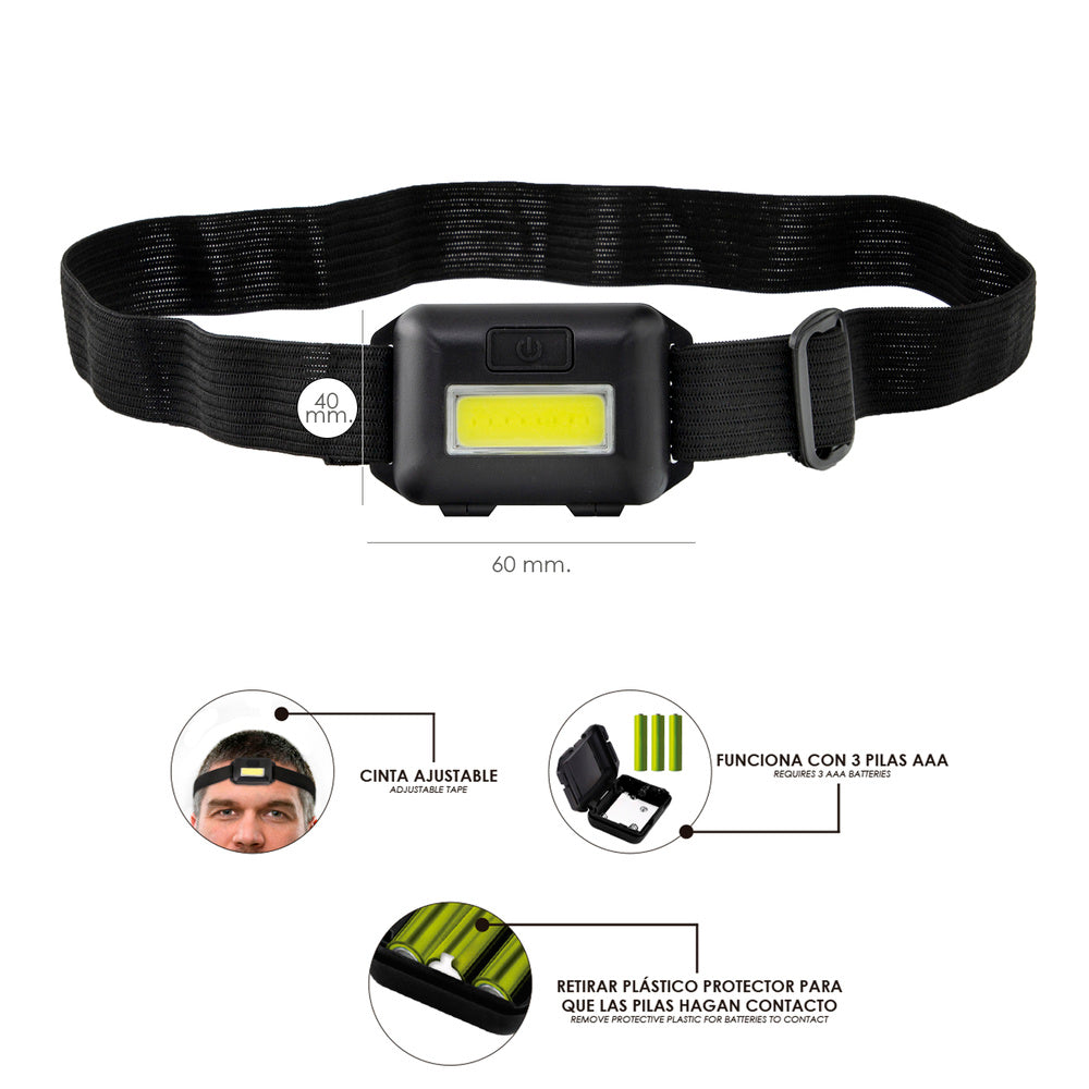 Linterna led frontal cabeza ajustable 120 lúmenes, 3 modos, cinta ajustable, 3 baterías aaa incluidas