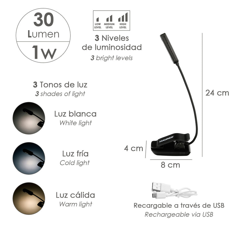 Linterna LED de mesa / lectura  batería recargable (1.000 mah) 30 lumenes con clip, 3 tonos de luz y 3 niveles de luminosidad