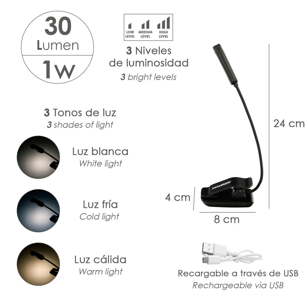LED table/reading lamp, rechargeable battery (1,000 mAh), 30 lumens, with clip, 3 light tones and 3 brightness levels