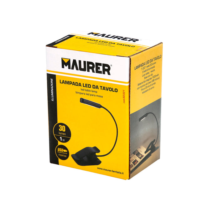 Linterna LED de mesa / lectura  batería recargable (1.000 mah) 30 lumenes con clip, 3 tonos de luz y 3 niveles de luminosidad