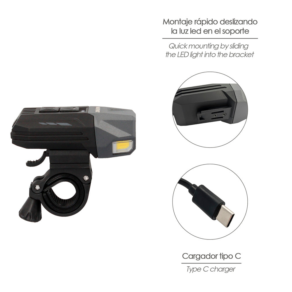 Luz led frontal para bicicleta / patinete 800 lúmenes (7 modos) batería recargable USB