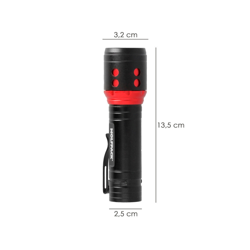 Lanterna LED de mão, mini, alumínio, recarregável USB (1.200 mAh), 500 lúmenes, 5 watt. Com função zoom e clipe de fixação.