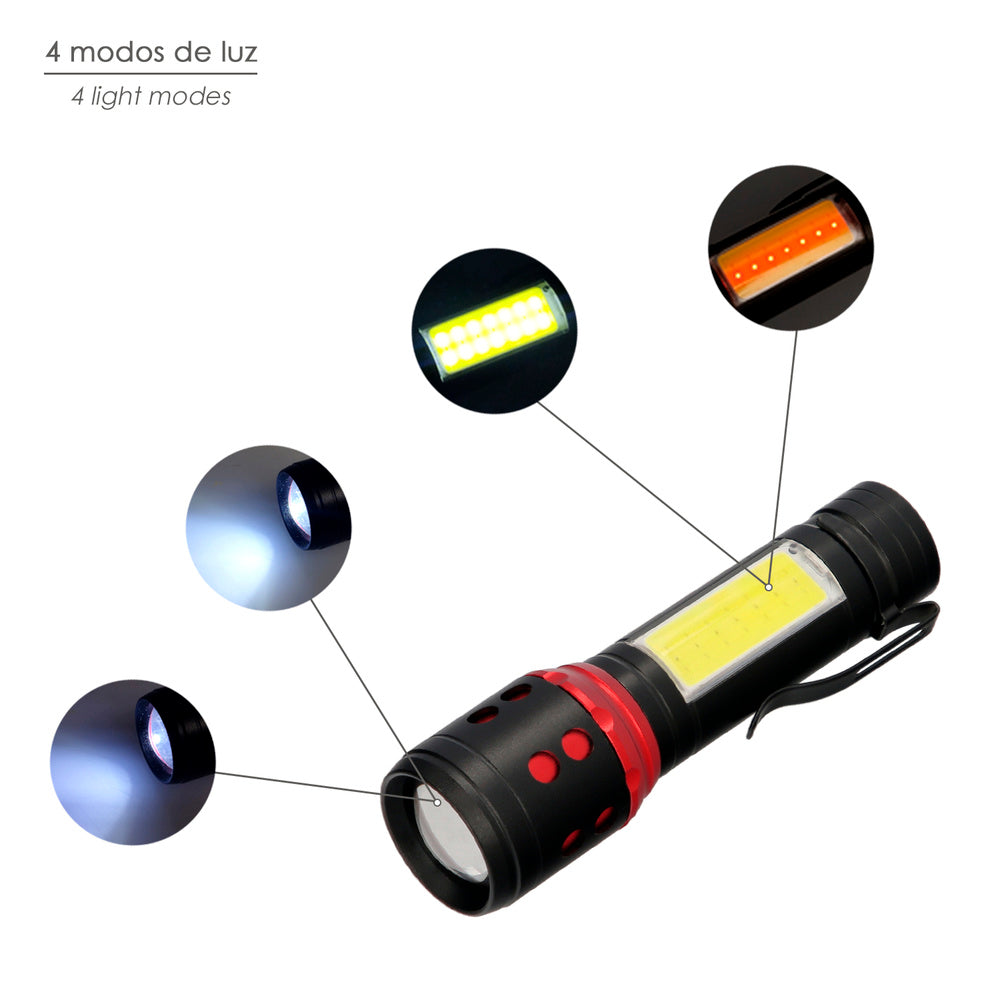 Lanterna LED de mão, mini, alumínio, recarregável USB (1.200 mAh), 500 lúmenes, 5 watt. Com função zoom e clipe de fixação.