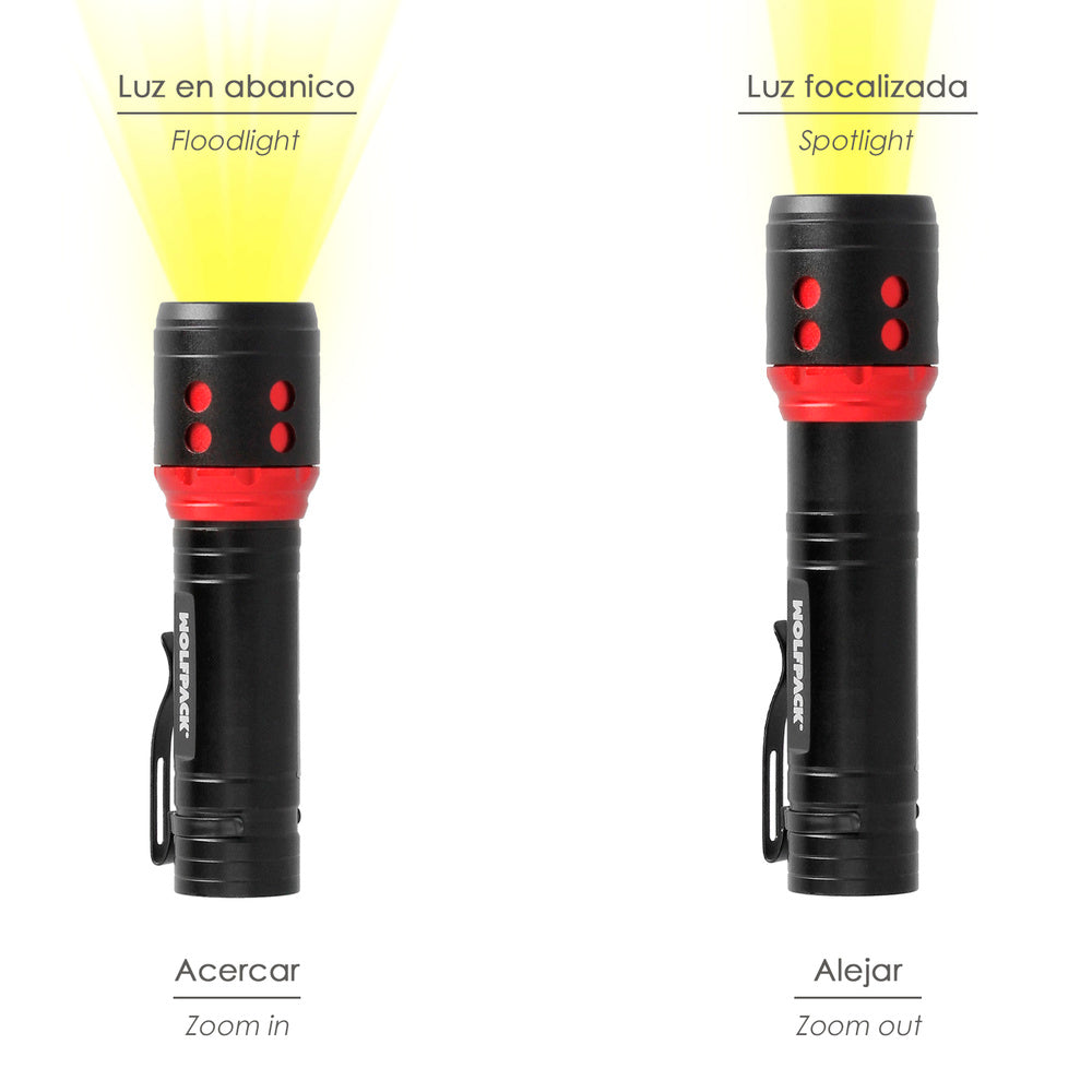 Lanterna LED de mão, mini, alumínio, recarregável USB (1.200 mAh), 500 lúmenes, 5 watt. Com função zoom e clipe de fixação.