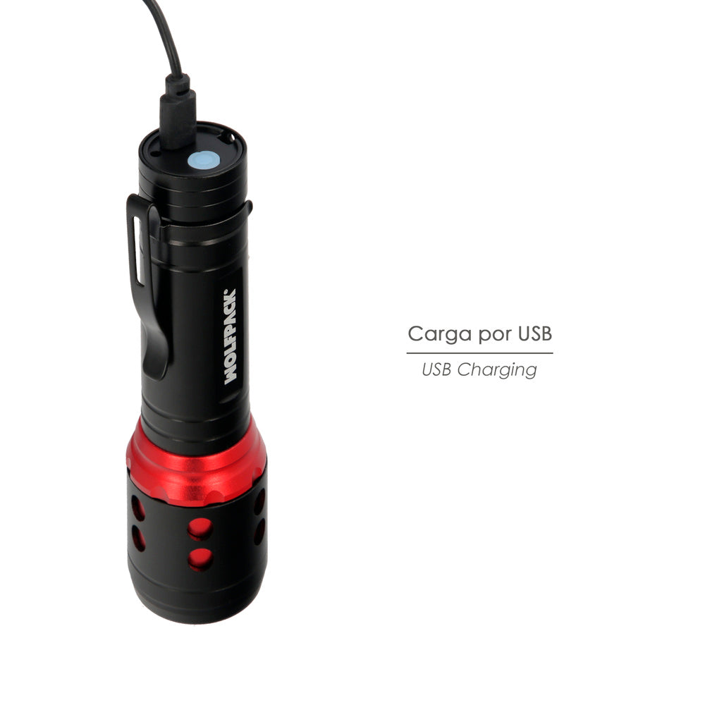Lanterna LED de mão, mini, alumínio, recarregável USB (1.200 mAh), 500 lúmenes, 5 watt. Com função zoom e clipe de fixação.