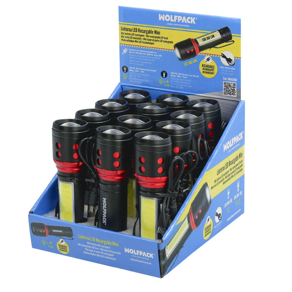 Mini rechargeable USB aluminum LED flashlight (1,200 mAh) 500 lumens 5 watts. With zoom function and holding clip