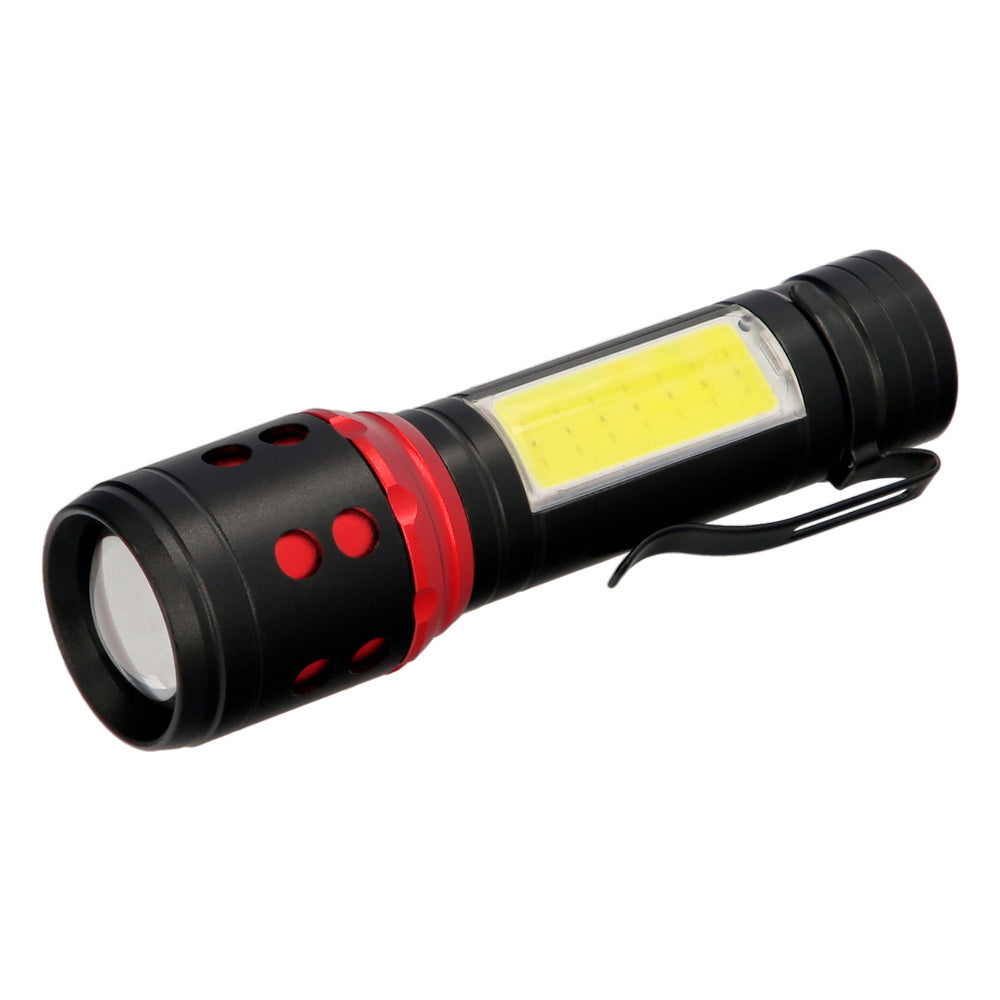 Lanterna LED de mão, mini, alumínio, recarregável USB (1.200 mAh), 500 lúmenes, 5 watt. Com função zoom e clipe de fixação.
