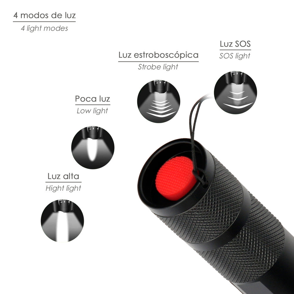 Aluminum handheld LED flashlight (3 AAA batteries) 300 lumens 5 watt. With zoom