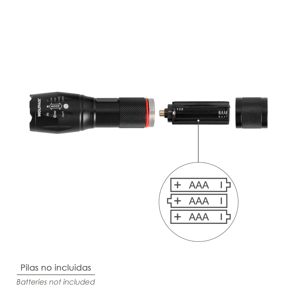 Aluminum handheld LED flashlight (3 AAA batteries) 300 lumens 5 watt. With zoom