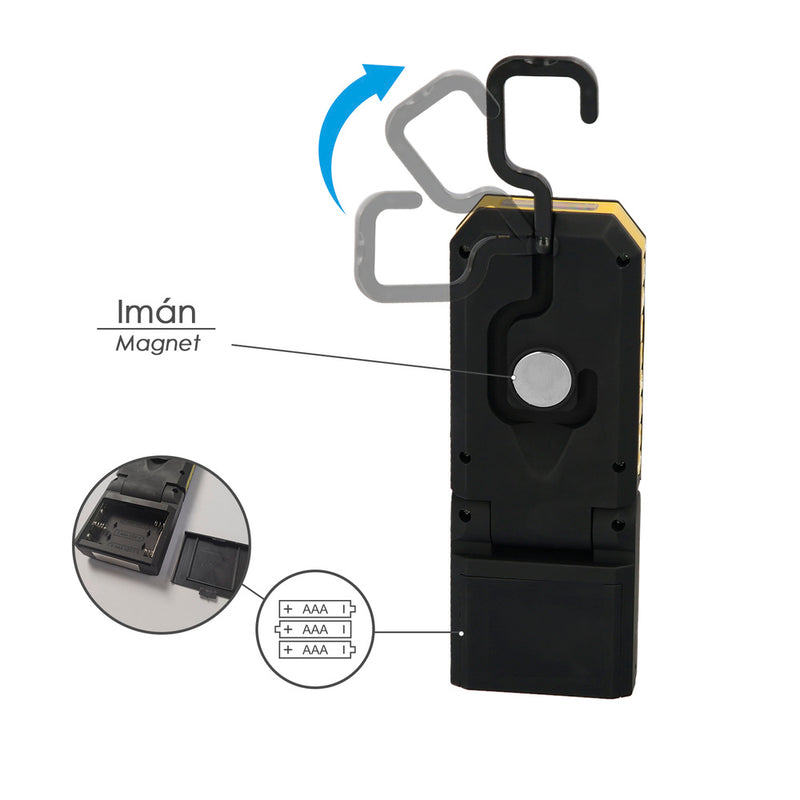 Linterna LED profesional multifunción compacta plegable a pilas (3 AAA) 210 lumenes 2 modos de iluminación con iman y gancho