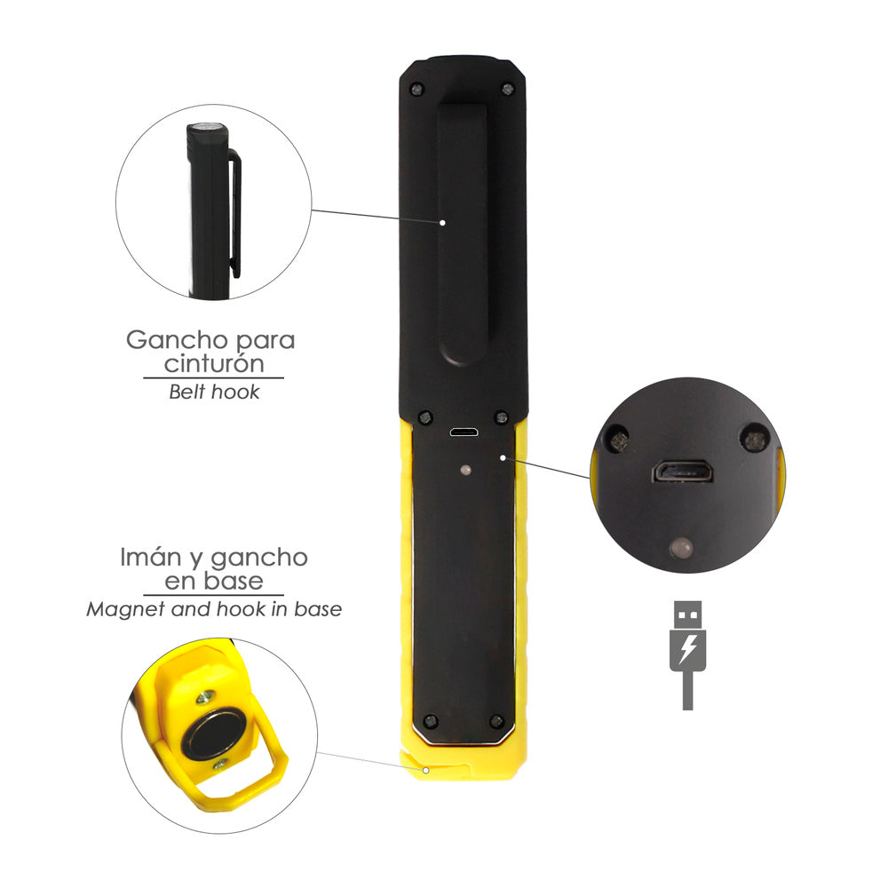 Lanterna led multifunções tipo caneta recarregável (900 mah) 200 lúmenes com íman, gancho e suporte ajustável.