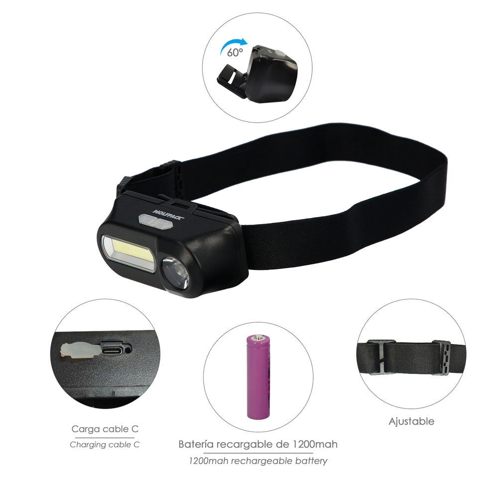Lanterna LED frontal, cabeça ajustável, 350 lúmens, 4 modos, fita ajustável, 3 modos de luz. Forte, média e flash. 1200 mAh.