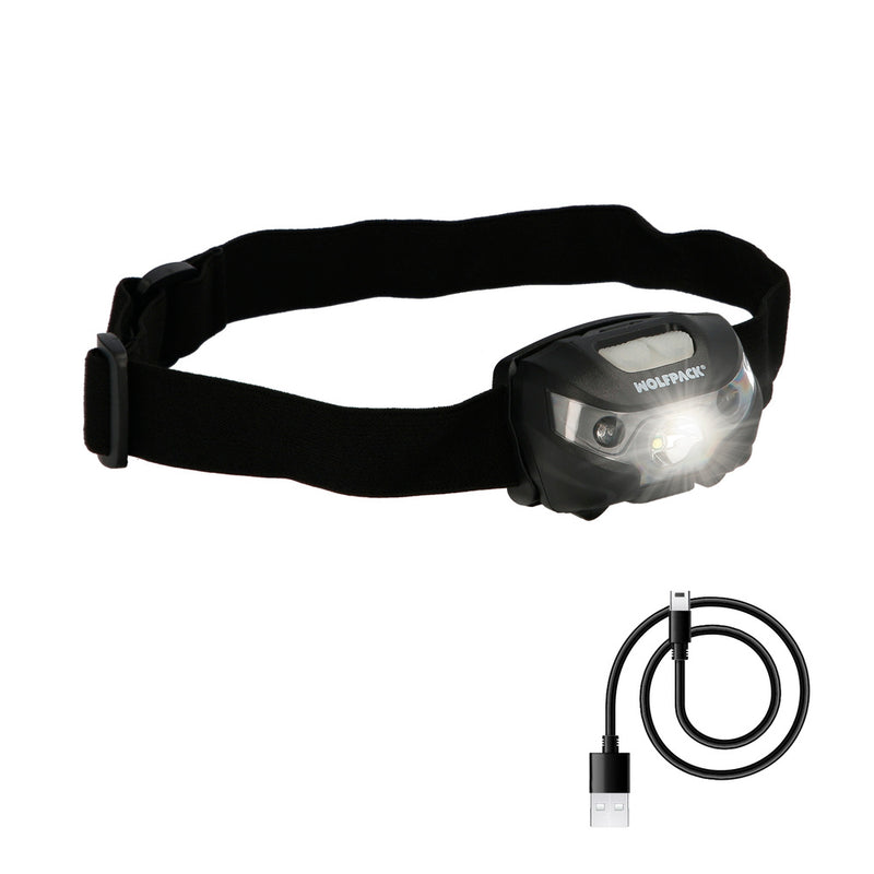 Linterna LED frontal cabeza litio USB recargable. 3 modos de luz. 120 LUM. sensor de encendido y apagado