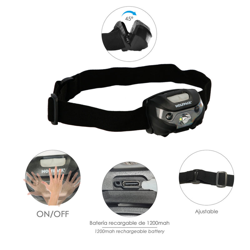 Linterna LED frontal cabeza litio USB recargable. 3 modos de luz. 120 LUM. sensor de encendido y apagado